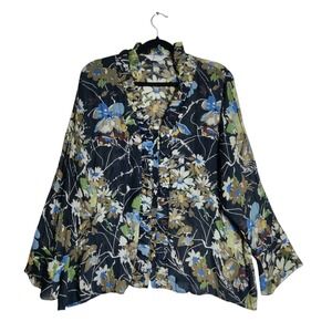 Allison Taylor Woman 1X Floral Ruffle Button Front Blouse Blue Green Tan 3053